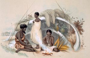 1847年に出版された「南オーストラリア図解」のクジラの肋骨から形成された小屋で漁網用のコードを作っているエンカウンターベイの原住民（手描きの彫刻）